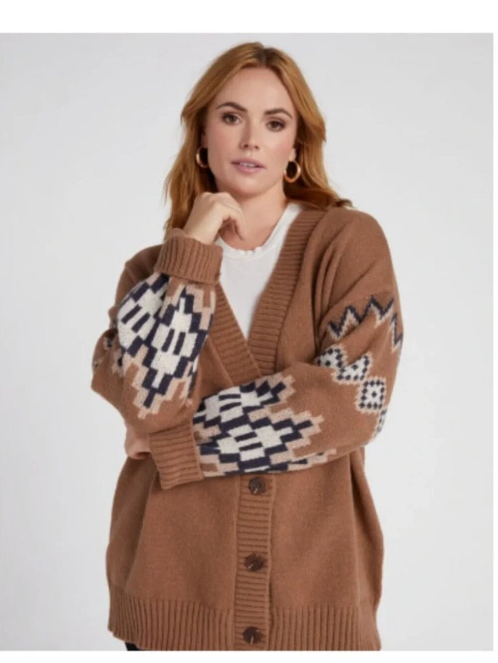 Vigoss Oversized Aztec Cardigan XS Brown Tan Black Camel White Tribal Print Cozy